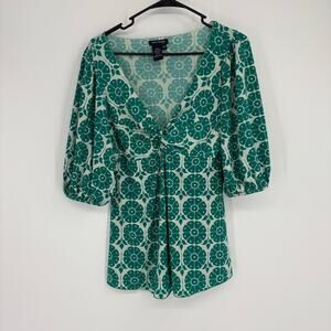 Vintage‎ Max Studio Green Geo Print Babydoll V-Neck Top Size MP 90s y2k
